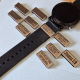 Personalised Watch Tag Charms in Stainless steel and rose gold colours with a black watch
