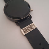 Parkrun Barcode on a stainless steel watch tag.