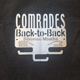 Stainless Steel Medal Display Hanger with 'Comrades Back-to-Back' text personalised with a name / up and down run times and the years