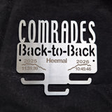 Stainless Steel Medal Display Hanger with 'Comrades Back-to-Back' text personalised with a name / up and down run times and the years