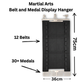 Martial Arts Belt and Medal Display Hanger with dimensions and capacity details.