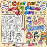 Month Planner Dividers for You to Color | 12 Unique  Printable Pages | Instant Download PDF