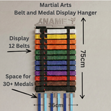 Martial Arts Belt and Medal Display Hanger with dimensions on a beige background