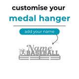 Medal hanger with customizable name option on a white background for Baseball