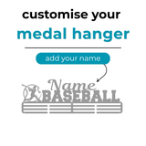 Medal hanger with customizable name option on a white background for Baseball