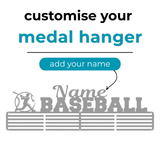 Medal hanger with customizable name option on a white background for Baseball