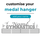 Gymnastics-themed medal hanger with customizable name option on a white background
