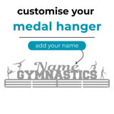Gymnastics-themed medal hanger with customizable name option on a white background