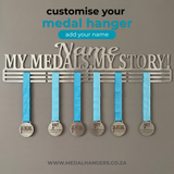 Medal hanger with blue ribbons and medals on a gray background, featuring text to customize the medal hanger.
