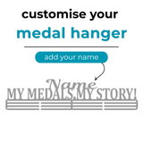 Customizable medal hanger with text 'customise your medal hanger' and 'add your name' on a white background. SA Medal Hangers