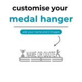 Graphic for a customizable medal hanger with text and placeholder for name and images. SA Medal Hangers