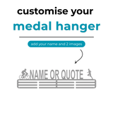 Graphic for a customizable medal hanger with text and placeholder for name and images. SA Medal Hangers