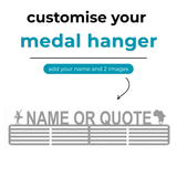 Graphic for a customizable medal hanger with text and placeholder for name and images. SA Medal Hangers