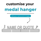 Graphic for a customizable medal hanger with text and placeholder for name and images. SA Medal Hangers