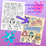 Month Planner Dividers for You to Color | 12 Unique  Printable Pages | Instant Download PDF