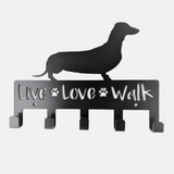 25cm Black metal lead hanger with 5 hooks and a dachshund silhouette and 'Live Love Walk' text, 
