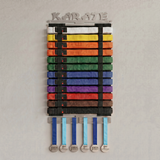 Karate belt  and medal display with various colored belts and medals by SA Medal Hangers
