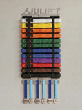 Belt display with colorful martial arts belts and medals with the option to personalise the hanger on a gray background. The name Julie is on this one