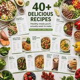 A styled flat-lay of printed recipe cards surrounded by colorful food ingredients and prepared meals. Large centered text reads '40+ DELICIOUS RECIPES' with smaller copy about healthy meals, and individual recipe cards showing titles like chicken Cobb salad, beef fajita bowl, sweet potato salmon cakes, shrimp pad thai, chocolate banana smoothie, and banana pancakes.