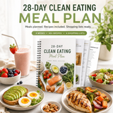 A 28-day clean eating meal plan PDF booklet is displayed in a styled kitchen scene with prepared foods around it, including avocado toast, eggs, salad, grilled chicken, and a pink drink. Large text at the top reads '28-DAY CLEAN EATING MEAL PLAN' with supporting copy about recipes, shopping lists, and weekly planning.