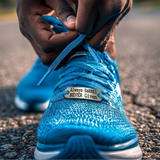 Always Earned Never Given Shoe Tag on blue Trainer