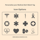 Icon options for a medical alert watch tag on a beige background with text and website URL. SA Medal Hangers