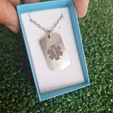 SA Medal Hangers Medical Alert Necklace with a medical symbol and emergency contact details. Stainless steel. 