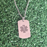 SA Medal Hangers Medical Alert Necklace with a medical symbol and emergency contact details. Stainless steel. 