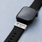 Smartwatch with a black band and medical information tag on a light blue background SA Medal Hangers