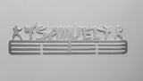 Personalised Medal Display Hanger, stainless steel, Karate Martial arts, name Samuel. Images on either side of name