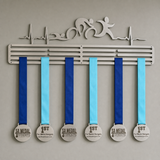 Triathlon Medal holder with medals on ribbons against a gray background from SA Medal Hangers
