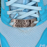 Motivational Shoe Tag for a male Hockey player on a blue Shoe attached to a shoe lace of a sneaker.