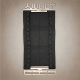 Belt display for martial arts belts and medals with the option to personalise the hanger on a gray background. The name Julie is on this one