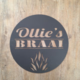 Metal Wall Art Round Laser Cut Metal sign with Ollie's Braai Powder Coated Black Braai Sign