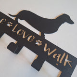 25cm Black metal lead hanger with 5 hooks and a dachshund silhouette and 'Live Love Walk' text, 